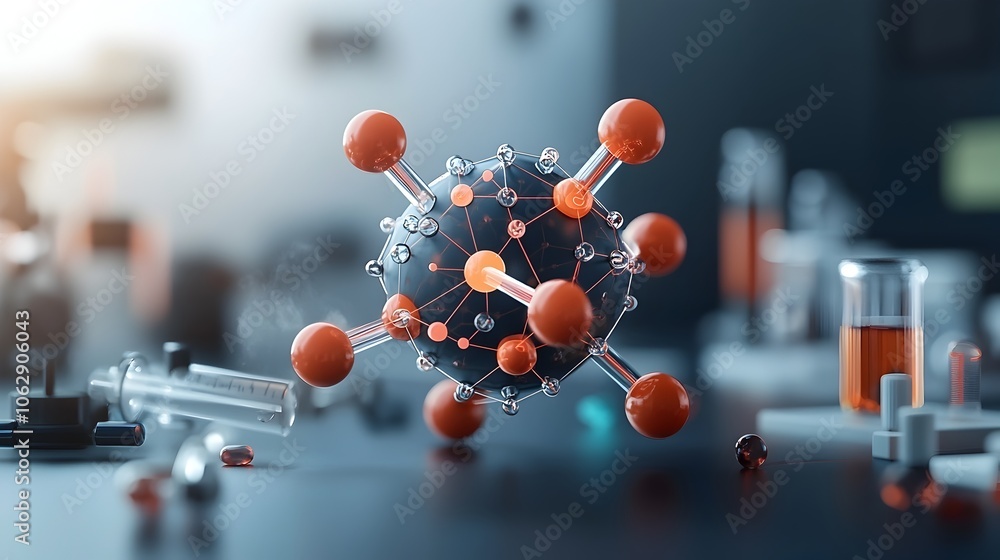 Poster captivating 3d rendering of an intricate spherical molecular structure with interconnected organic e