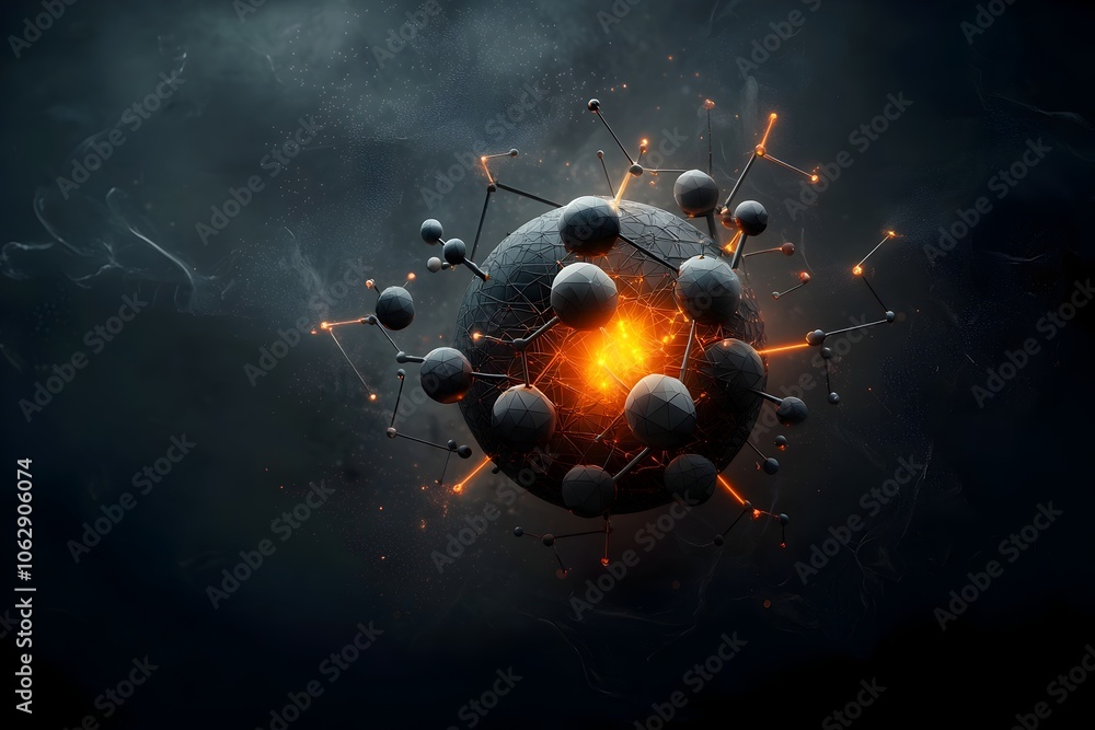 Poster explosive molecular sphere with luminous energy fields intricate interlocking elements and a dynamic