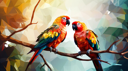 Fototapeta premium Illustration polygonal drawing of blue wing macaw bird with tropical leaf. Ara parrot. Macaw. Photo realistic