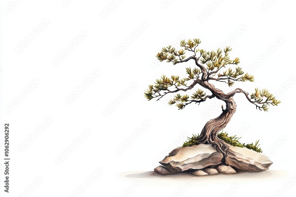 Wall mural a beautifully detailed bonsai tree resting on a rock, against a pristine white background.