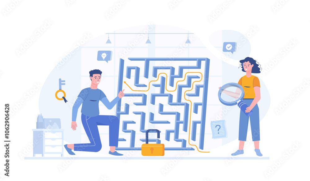 Poster finding solutions to business problems. business thinking, strategic decision making. vector illustr