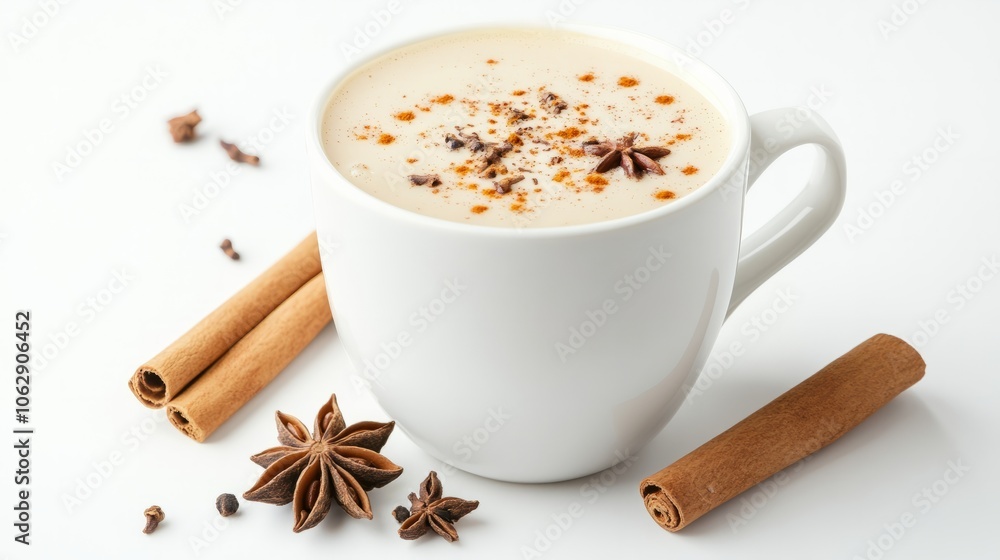Poster a minimalistic cup of chai tea with spices floating on the surface, warm and inviting on a white bac