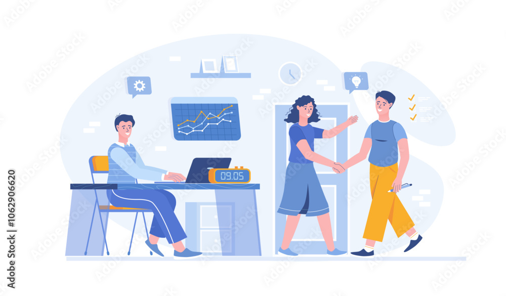 Poster business people work in a team. colleagues research, analyze, develop, create new ideas. vector illu
