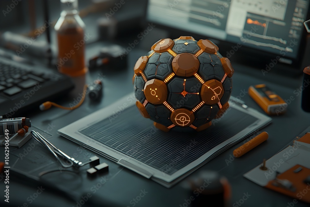 Poster spherical molecular structure with interlocking elements luminous energy fields and abstract crystal