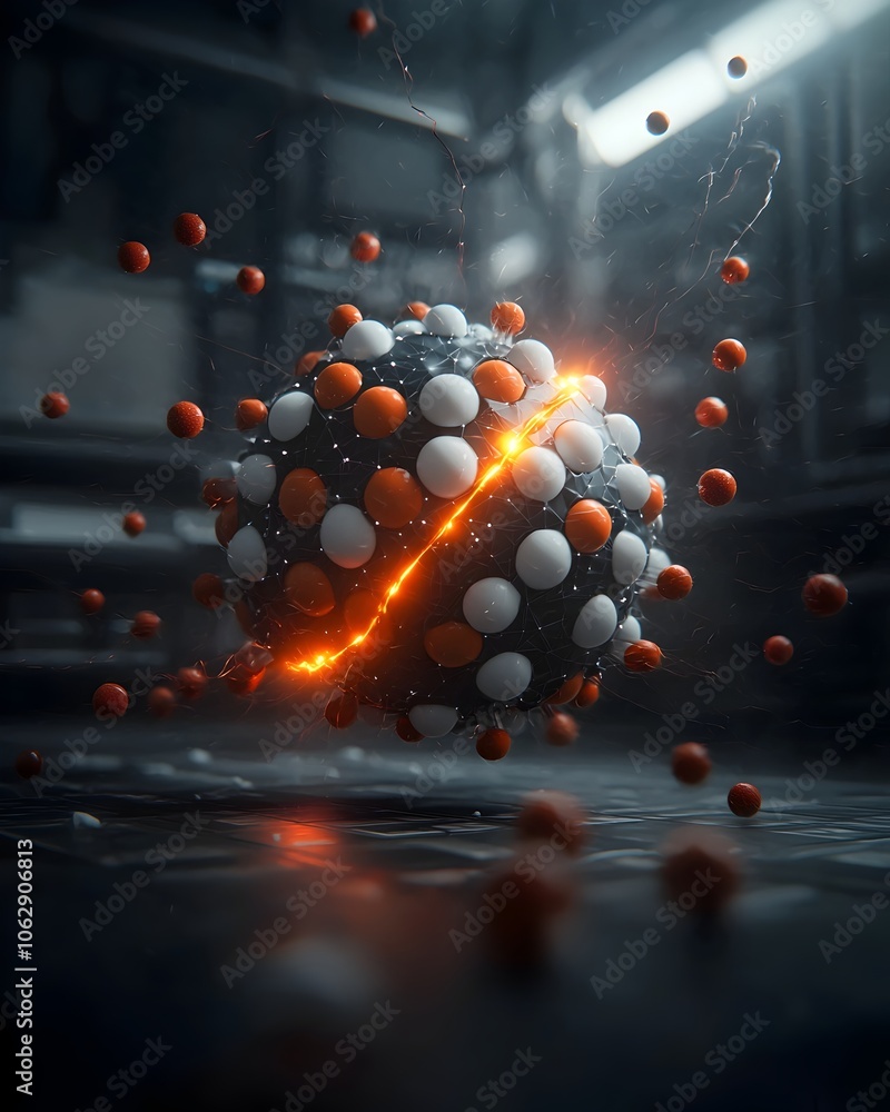 Poster minimalist spherical molecule with flowing patterns of electrons radiant energy pulses and a muted c