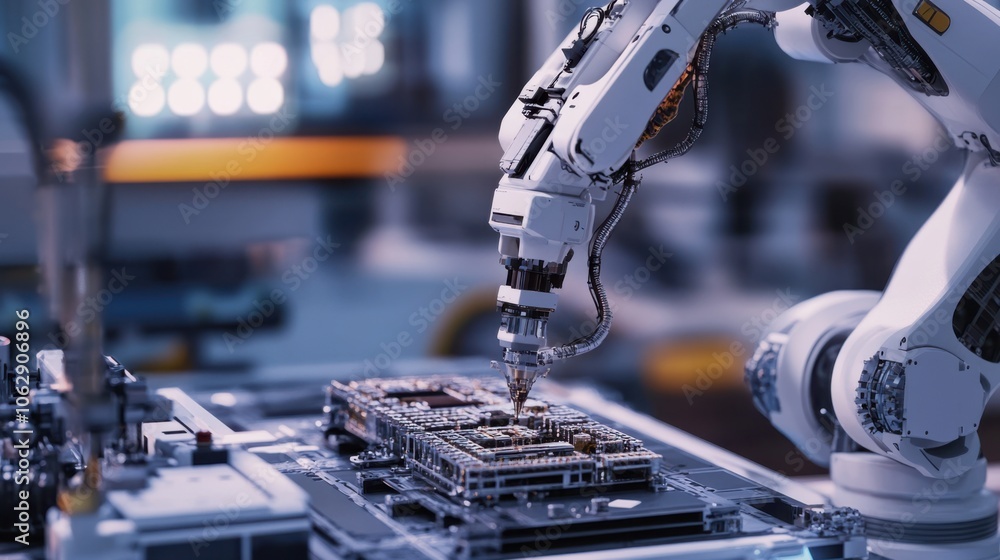 Poster a close-up view of a robotic arm expertly assembling