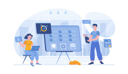 Sales management. Financial analysis sales and profit. Audit, investment and accounting. Vector illustration with characters in flat design for web banner.	
