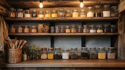 Farmhouse kitchen corner with warm task lighting above, organized glass jars of oils, wooden spoons, and rustic decor for a cozy, inviting setup. --ar 16:9