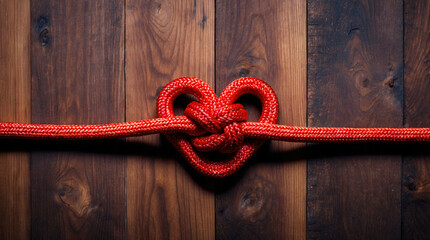 Red Rope Heart Knot on Rustic Wooden Background