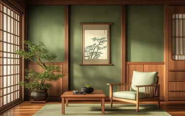A beautifully arranged Japanese-style living room with rich wooden paneling, showcasing a relaxed armchair and a simple coffee table, along with a mock-up poster frame on the wall