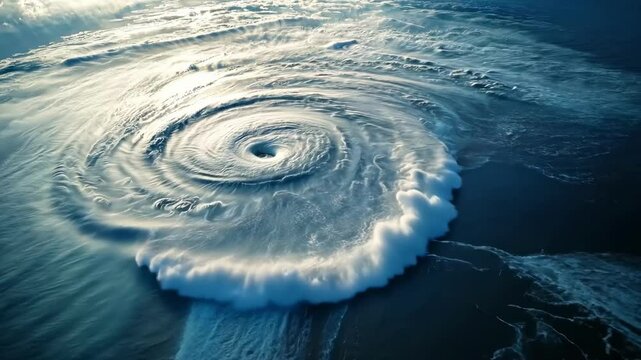 Powerful ocean whirlpool captured in a dynamic aerial view, showcasing swirling currents and waves with intense energy and motion. 4K video