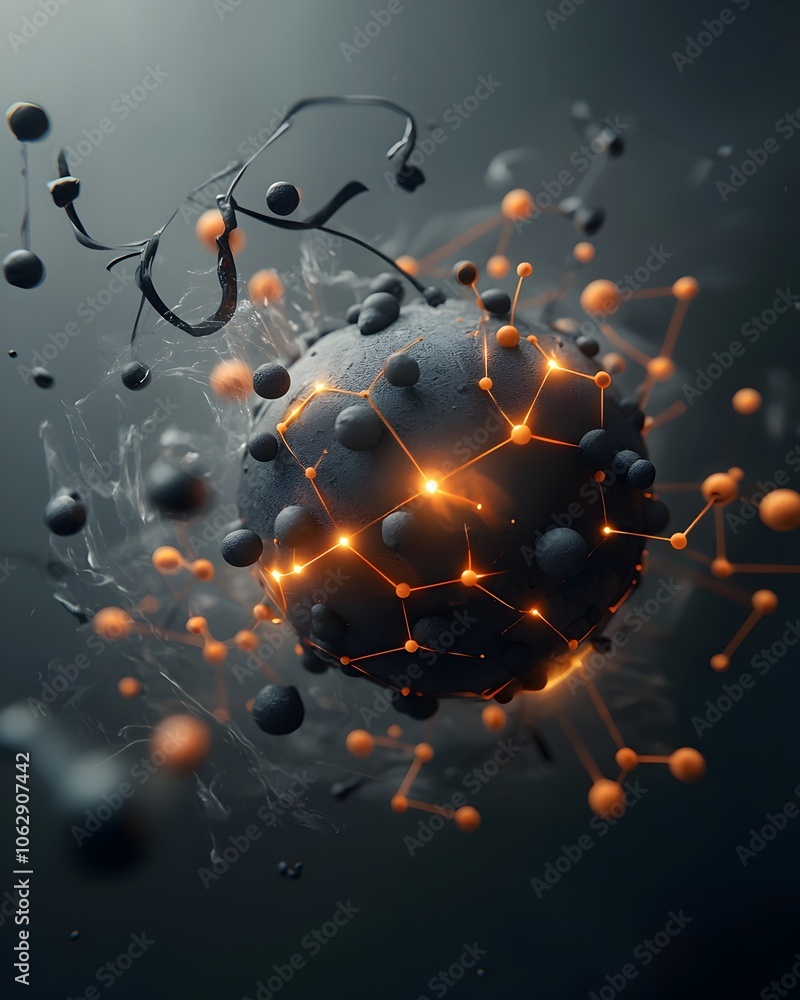 Poster minimalist and futuristic spherical molecule with flowing patterns of electrons and radiant energy p