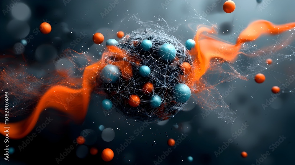 Poster captivating spherical molecule structure with dynamic energy flows and vibrant color gradients abstr