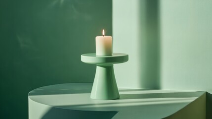 A mint green pedestal with a single candle on top 