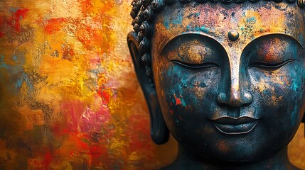 A close-up of a weathered, dark bronze Buddha statue with eyes closed, set against a colorful abstract background.