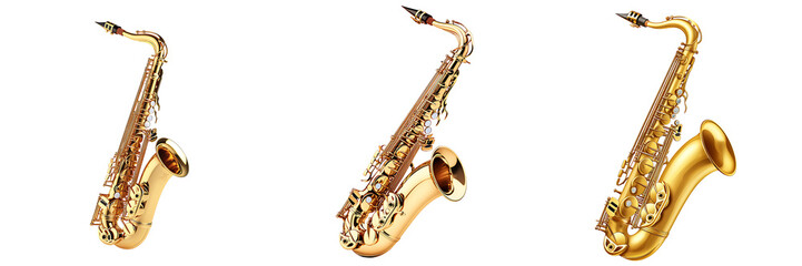 Set of a golden saxophone, with shiny brass details and a classic design, isolated on transparent background.