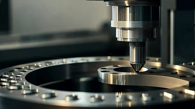 A close-up view of a precision machining tool in action, highlighting the intricate details of metalwork and manufacturing processes.