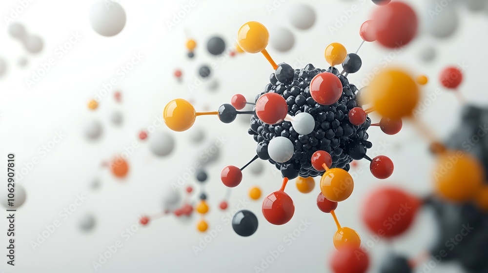 Poster an abstract futuristic scientific visualization showcasing a spherical molecular structure with intr