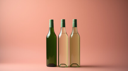 Wine bottles on table on light pastel background, side view. Mock up product alcoholic drink.