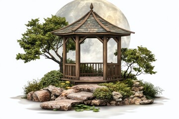 A serene wooden gazebo surrounded by greenery and stones, illuminated by a full moon, white isolated background.
