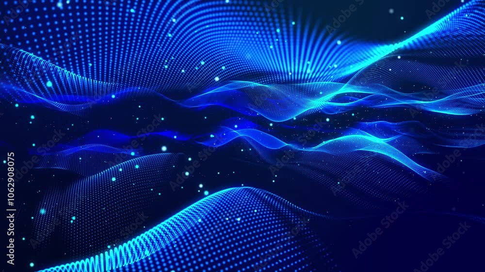 Poster waves run on the surface. the surface is formed by glowing particles. the looping motion design anim