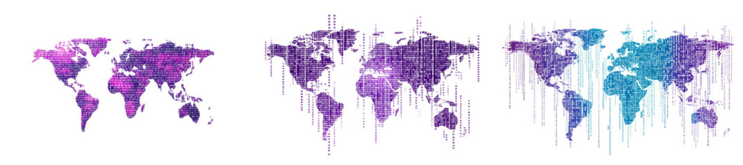 Set of a binary code world map, with numbers forming continents in a digital design, isolated on transparent background.