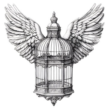 recommend clip art: Ornate Birdcage with Wings Freedom Symbolism Black and White Design Element (Transparent Background)