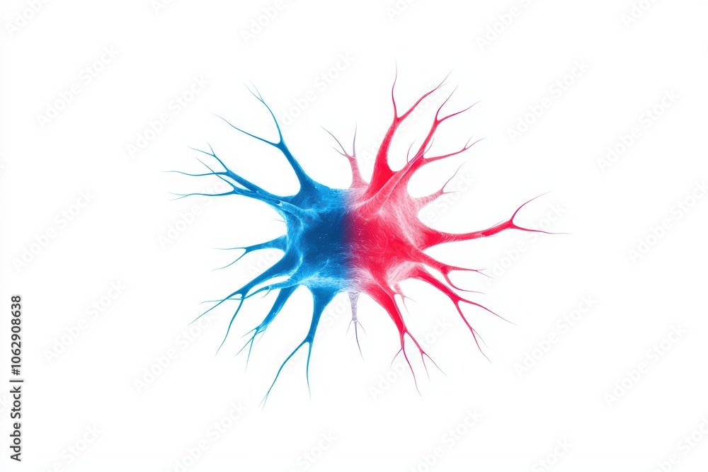 Poster abstract representation of a neuron with blue and red branches on a white isolated background.