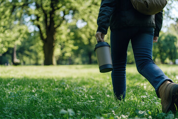 A person carrying a reusable coffee cup while walking through a park