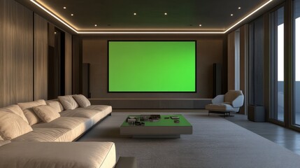 A modern home theater with a large flat-screen TV displaying a green screen, surrounded by soundproof walls. 