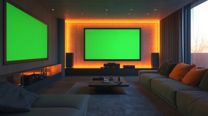 A modern home theater with a large flat-screen TV displaying a green screen, surrounded by soundproof walls. 