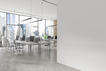 Modern office space with blank wall and city view. 3D Rendering