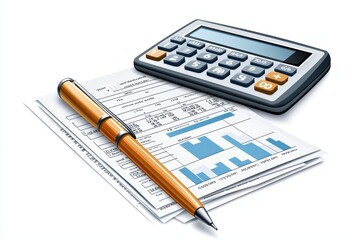Calculator, pen, and financial reports on a desk, white isolate background.