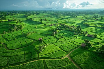 Fototapeta premium An aerial vista of vibrant green rice paddy fields stretching across the landscape.