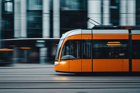 Electric tram passing by a line of modern buildings