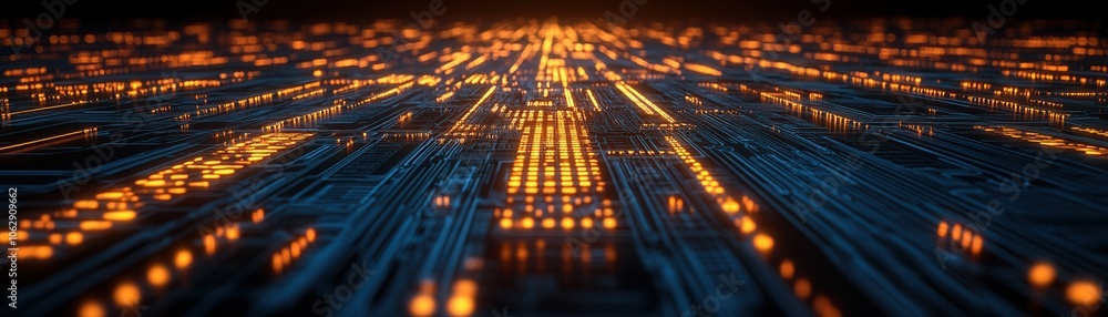 Poster a mesmerizing view of a vibrant circuit board with glowing lights, showcasing the intricate design o
