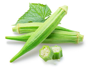 Fresh picked okra green seed pods isolated on white background. File contains clipping path.