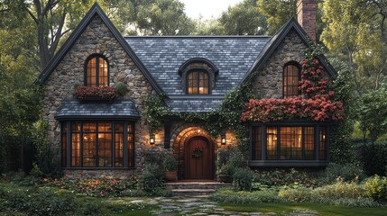 Obraz premium Cozy stone house surrounded by lush greenery and flowers.