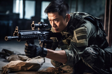 Chinese soldier training indoors, focused on marksmanship with a rifle during a tactical exercise in a dimly lit facility at dusk