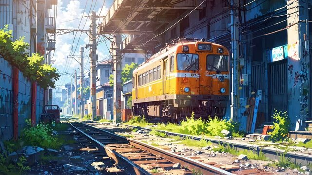 A train sits on the tracks in front of an old building with overgrown weeds.