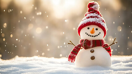 Obraz premium Happy Snowman in a Christmas Wonderland – Festive Greeting Card with Copy Space. This delightful holiday greeting card showcases a happy snowman standing amidst a snowy Christmas landscape