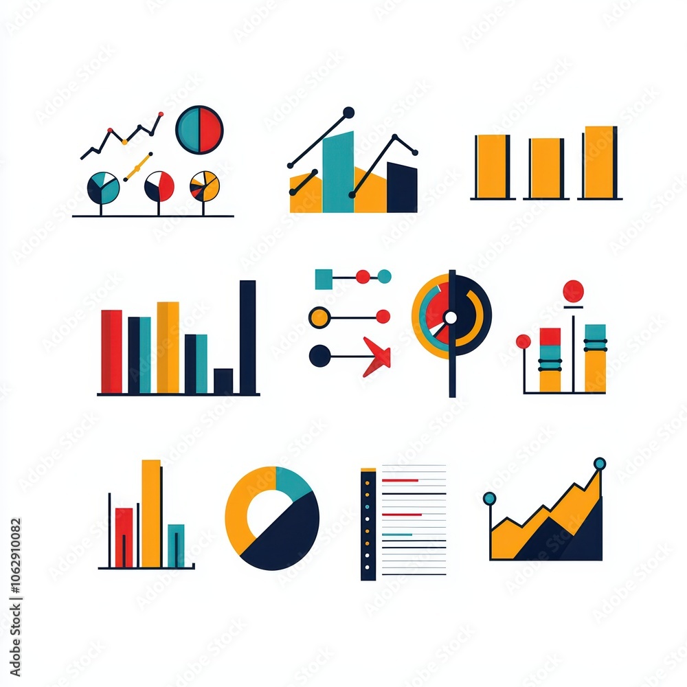 Poster collection of colorful graphs and charts for data visualization and analytics.