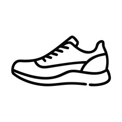 Running shoe outline icon in black and white, Simple black and white outline icon of a running shoe, representing fitness, sports, and active lifestyle, isolated on a white background.