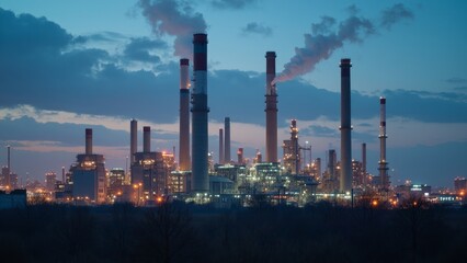 Industrial refinery at dusk with smoke stacks and illuminated structures