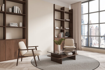Cozy home living room interior with armchairs and coffee table, panoramic window