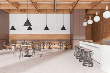 Modern cafe interior with bar island and dining tables with chairs in row