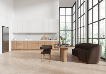 Modern kitchen interior with large windows and wood elements. 3D Rendering