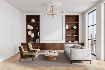 Home living room interior couch and armchairs with bookshelf, mockup frame