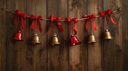 Festive Bells with Red Ribbons on Rustic Wood Background