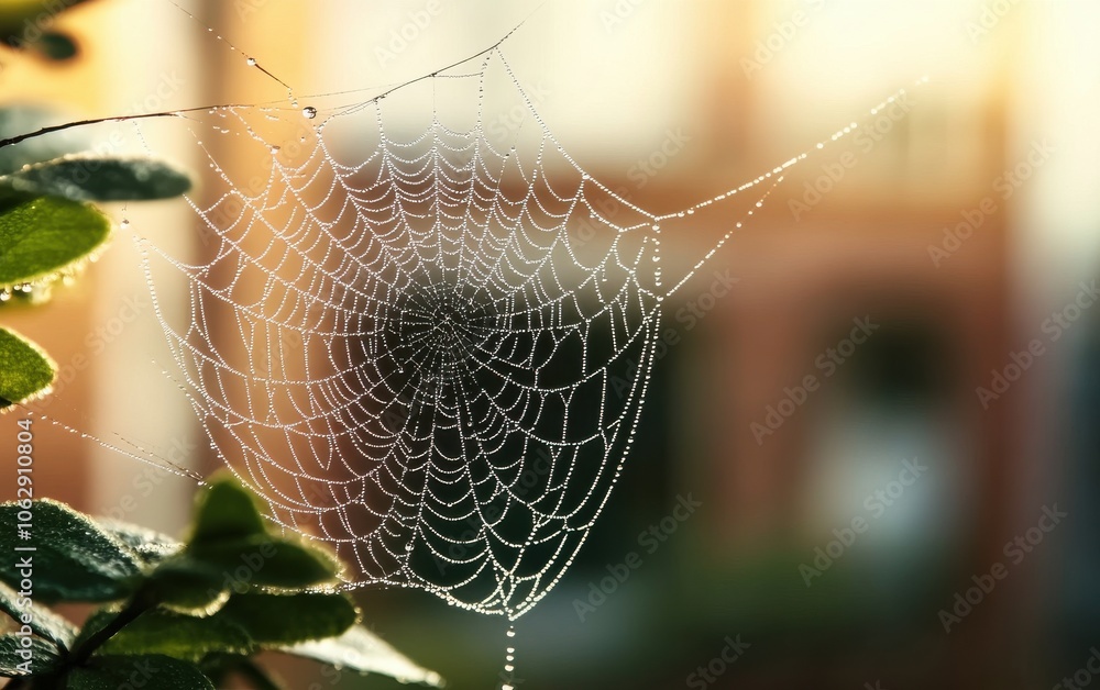 Aufkleber a delicate spider web glistens with dew in soft sunlight, showcasing intricate patterns against a bl